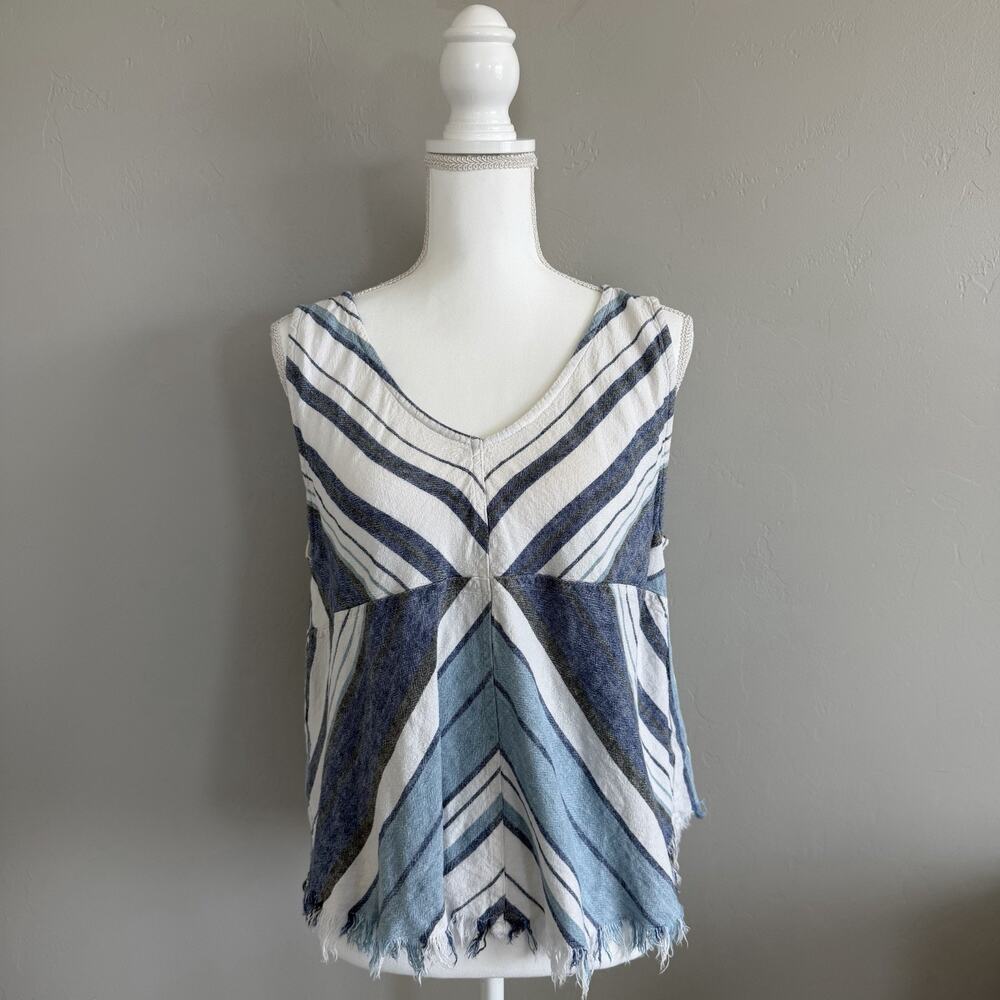 Indigo Rein Woman’s Linen Blend Sleeveless Open Back Top Size L Frayed Hem Blue